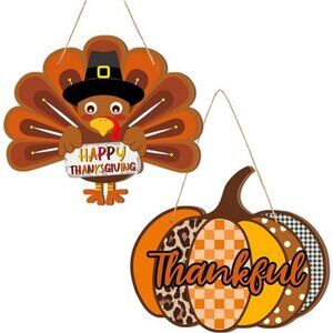 2 Pcs Thanksgiving Turkey Wooden Door Sign Hanging Pumpkin Door Decor